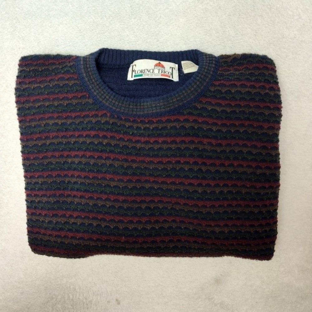 Florence Tricot Sweater Men L Blue Striped Crew Acrylic Wool Pullover 3D Texture